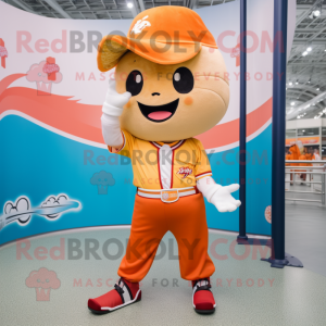 Orange Ramen mascot costume character dressed with a Baseball Tee and Shoe clips