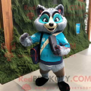 Maskotfigur af en cyan...