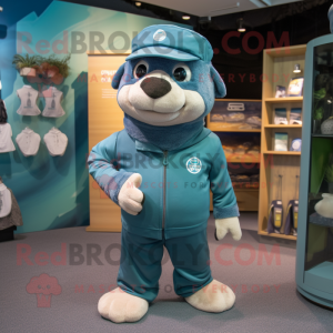 Teal Navy Seal mascot costume character dressed with a Joggers and Hats