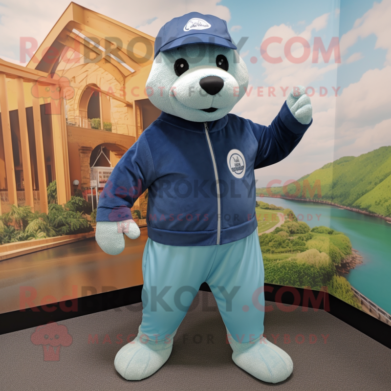 Teal Navy Seal mascot costume character dressed with a Joggers and Hats Teal Navy Seal mascot costume character dressed with a Joggers and Hats