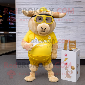 Gold Beef Wellington mascot costume character dressed with a Cargo Shorts and Reading glasses