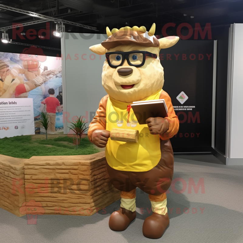 Gold Beef Wellington mascot costume character dressed with a Cargo Shorts and Reading glasses