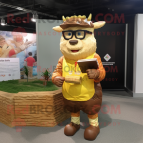 Gold Beef Wellington mascot costume character dressed with a Cargo Shorts and Reading glasses