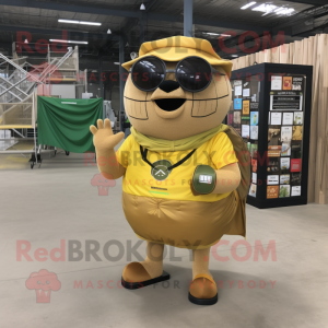 Gold Beef Wellington mascot costume character dressed with a Cargo Shorts and Reading glasses