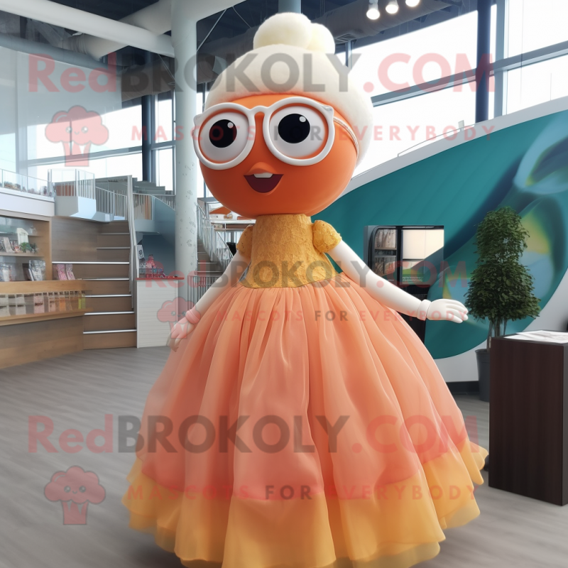 Peach Barracuda mascot costume character dressed with a Ball Gown and Eyeglasses