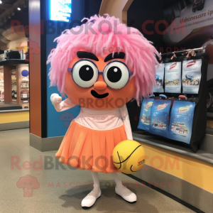 Peach Barracuda mascot costume character dressed with a Ball Gown and Eyeglasses