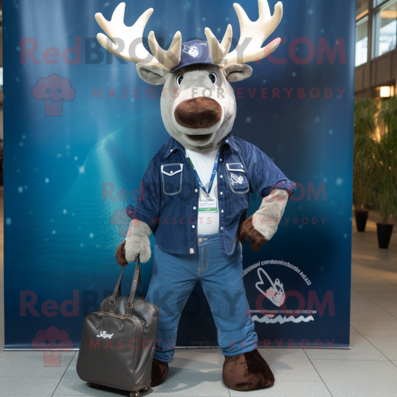 Navy Irish Elk mascot costume character dressed with a Boyfriend Jeans and Handbags Navy Irish Elk mascot costume character dressed with a Boyfriend Jeans and Handbags