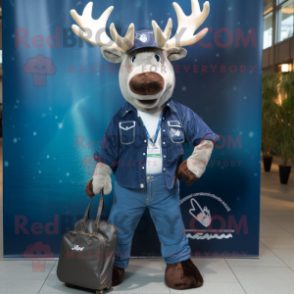 Navy Irish Elk mascot costume character dressed with a Boyfriend Jeans and Handbags