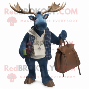 Navy Irish Elk mascot costume character dressed with a Boyfriend Jeans and Handbags