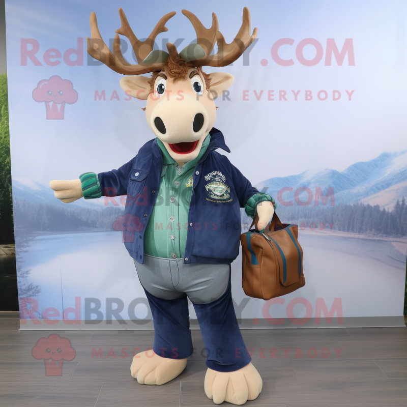 Navy Irish Elk mascot costume character dressed with a Boyfriend Jeans and Handbags Navy Irish Elk mascot costume character dressed with a Boyfriend Jeans and Handbags