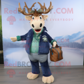 Navy Irish Elk mascot costume character dressed with a Boyfriend Jeans and Handbags