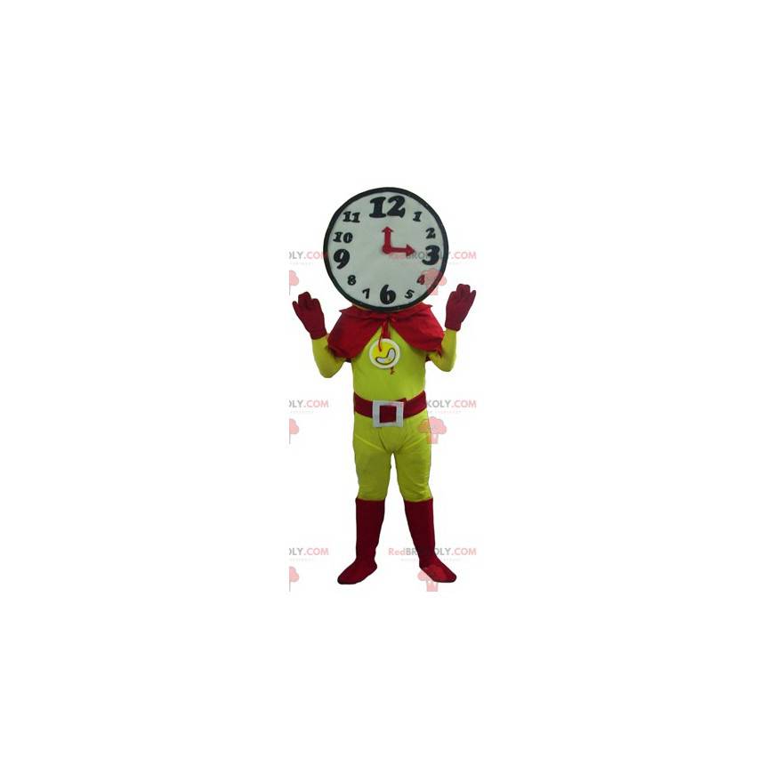 Mascota de superhéroe con cabeza en forma de reloj -