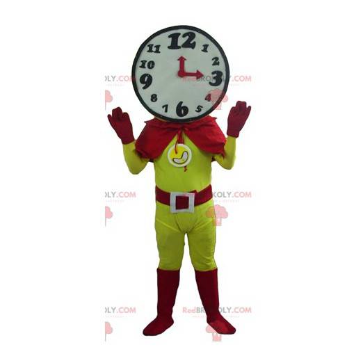 Mascota de superhéroe con cabeza en forma de reloj -