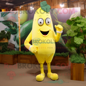 Lemon Yellow Eggplant mascot costume character dressed with a Capri Pants and Cufflinks
