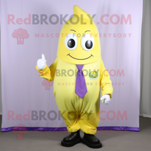 Lemon Yellow Eggplant mascot costume character dressed with a Capri Pants and Cufflinks