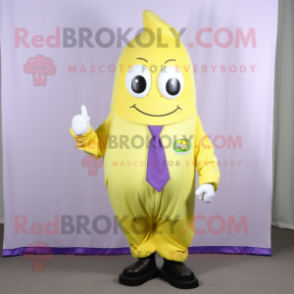 Lemon Yellow Eggplant mascot costume character dressed with a Capri Pants and Cufflinks