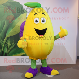 Lemon Yellow Eggplant mascot costume character dressed with a Capri Pants and Cufflinks