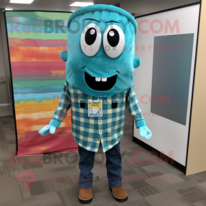 Turquoise Enchiladas mascot costume character dressed with a Flannel Shirt and Tie pins