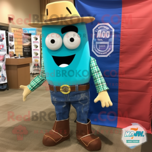 Turquoise Enchiladas mascot costume character dressed with a Flannel Shirt and Tie pins