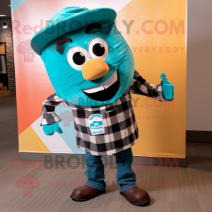 Turquoise Enchiladas mascot costume character dressed with a Flannel Shirt and Tie pins