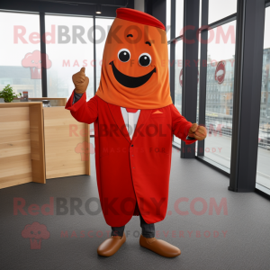 Red Tikka Masala mascot costume character dressed with a Suit Jacket and Wraps