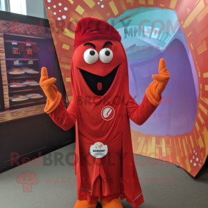 Red Tikka Masala mascot costume character dressed with a Suit Jacket and Wraps