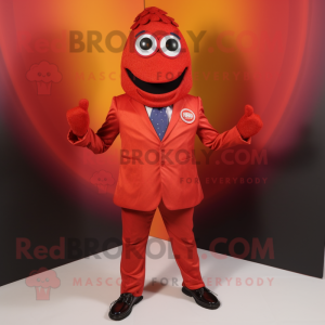 Red Tikka Masala mascot costume character dressed with a Suit Jacket and Wraps