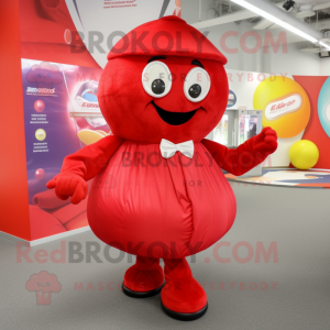 Red Juggle mascot costume character dressed with a Wrap Skirt and Foot pads