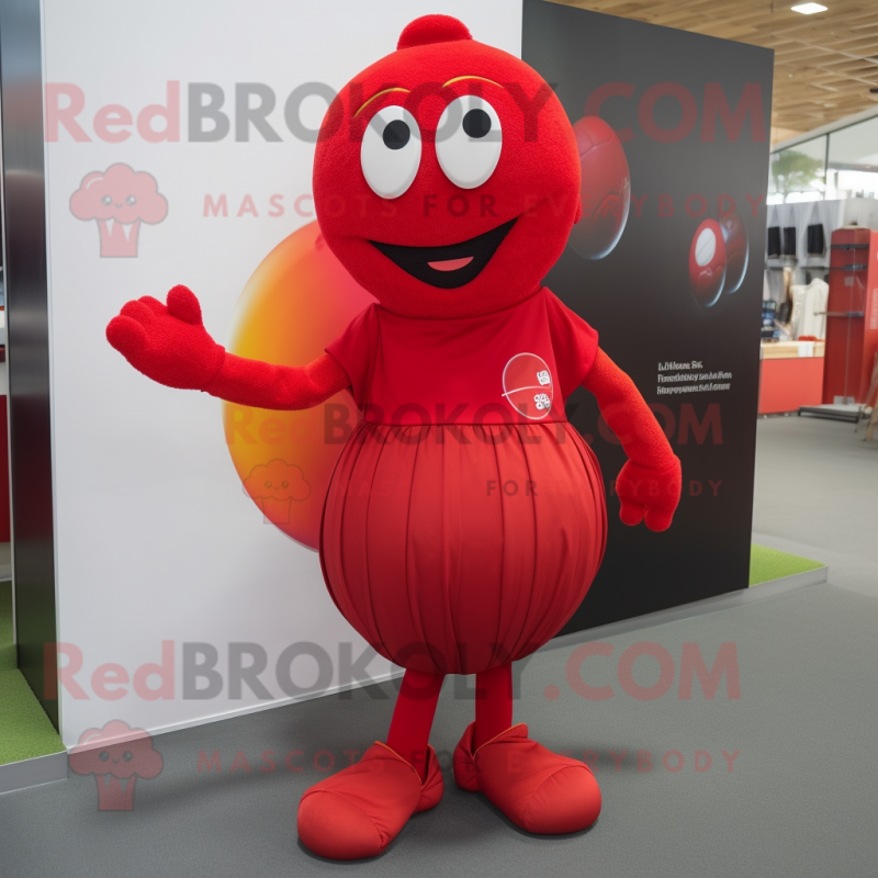 Red Juggle mascot costume character dressed with a Wrap Skirt and Foot pads Red Juggle mascot costume character dressed with a Wrap Skirt and Foot pads