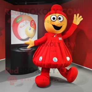 Red Juggle mascot costume character dressed with a Wrap Skirt and Foot pads