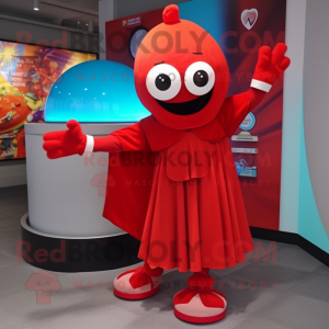 Red Juggle mascot costume character dressed with a Wrap Skirt and Foot pads