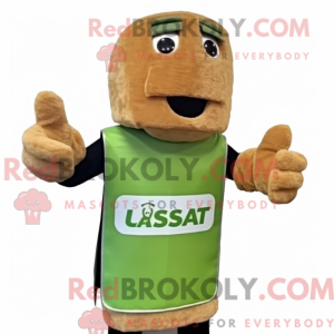 Maskottchen-Figur eines Rust Caesar Salad gekleidet in einen Spielanzug und Fäustlinge - RedBrokoly.com