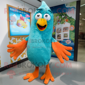 Turquoise Butter Chicken mascot costume character dressed with a One-Piece Swimsuit and Shawl pins