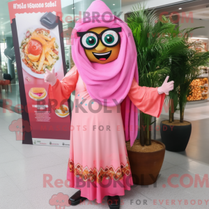 Maskotkarakter av en rosa...