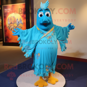 Turquoise Butter Chicken mascot costume character dressed with a One-Piece Swimsuit and Shawl pins