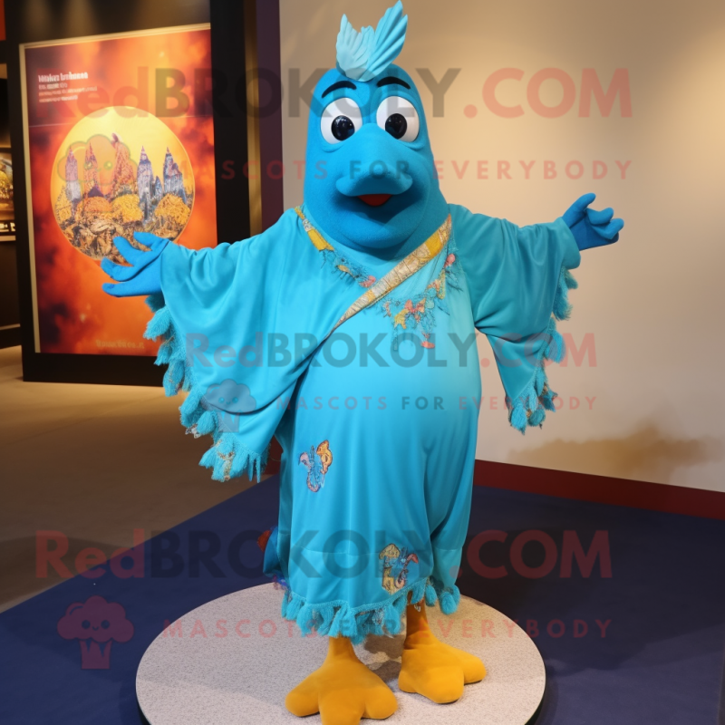 Turquoise Butter Chicken mascot costume character dressed with a One-Piece Swimsuit and Shawl pins Turquoise Butter Chicken mascot costume character dressed with a One-Piece Swimsuit and Shawl pins