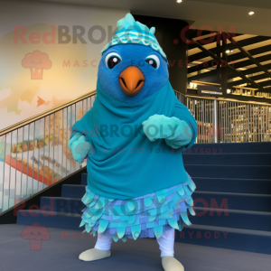 Turquoise Butter Chicken mascot costume character dressed with a One-Piece Swimsuit and Shawl pins