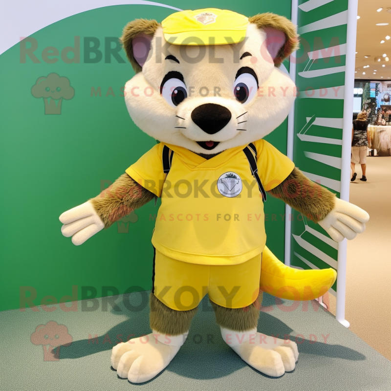 Lemon Yellow Badger mascot costume character dressed with a Bermuda Shorts and Hairpins