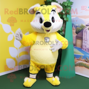 Lemon Yellow Badger mascot costume character dressed with a Bermuda Shorts and Hairpins