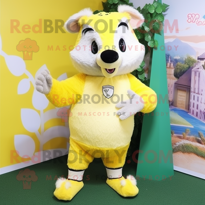 Lemon Yellow Badger mascot costume character dressed with a Bermuda Shorts and Hairpins Lemon Yellow Badger mascot costume character dressed with a Bermuda Shorts and Hairpins