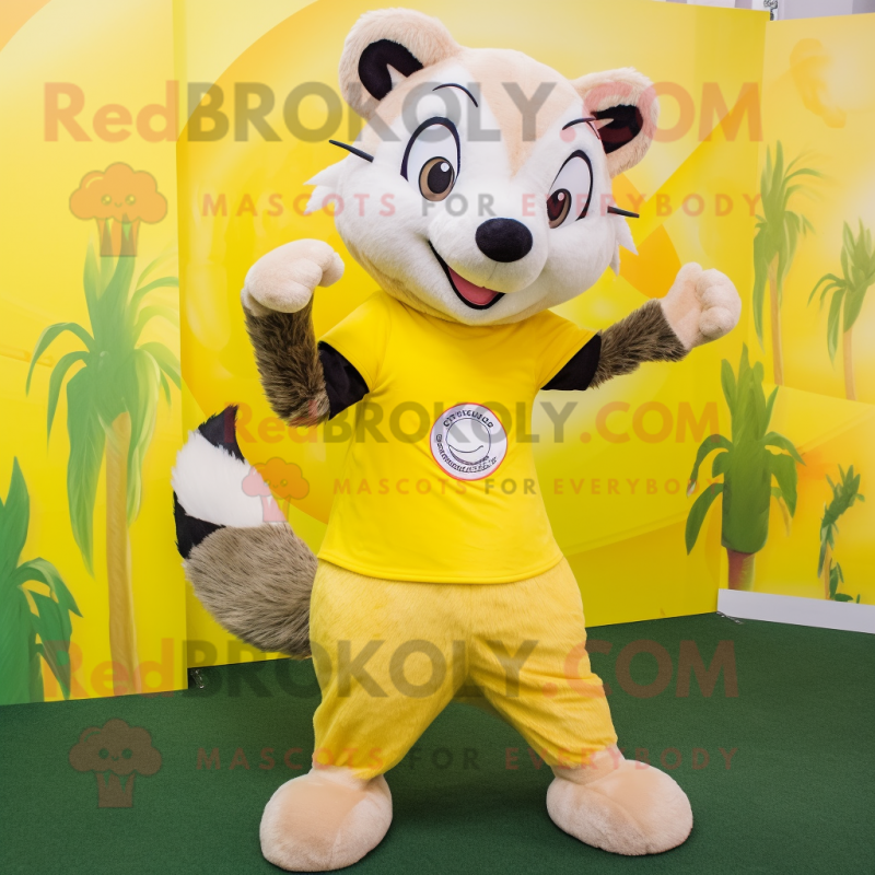 Lemon Yellow Badger mascot costume character dressed with a Bermuda Shorts and Hairpins Lemon Yellow Badger mascot costume character dressed with a Bermuda Shorts and Hairpins