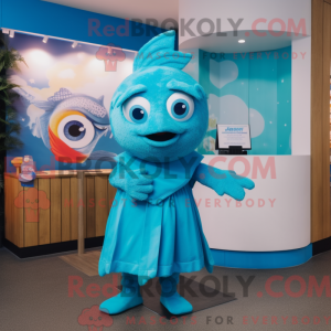 Maskot-karakter af en cyan...