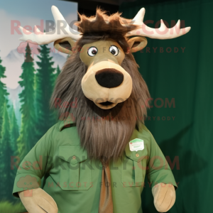Olive Irish Elk mascot costume character dressed with a Poplin Shirt and Hair clips