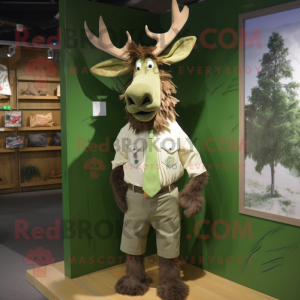 Olive Irish Elk mascot costume character dressed with a Poplin Shirt and Hair clips