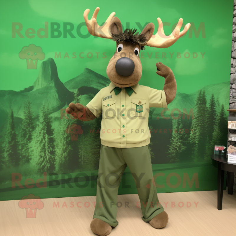 Olive Irish Elk mascot costume character dressed with a Poplin Shirt and Hair clips