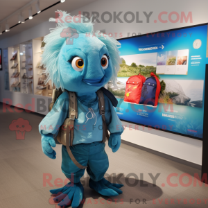 Maskotfigur av en cyan...