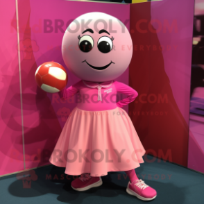 Pink Handball Ball mascot costume character dressed with a Wrap Skirt and Cufflinks