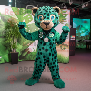Forest Green Jaguar mascot costume character dressed with a Playsuit and Headbands
