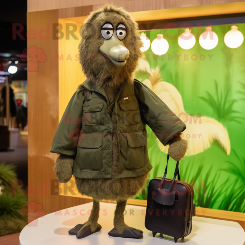 Olive Ostrich mascot costume character dressed with a Parka and Wallets