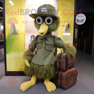 Olive Ostrich mascot costume character dressed with a Parka and Wallets